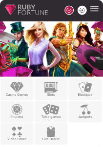 Ruby Fortune mobile screen home page
