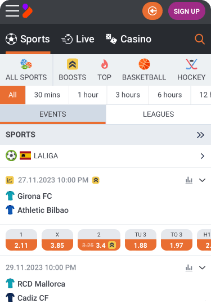 TonyBet mobile screen sports