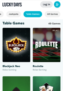 Luckydays mobile screen table games