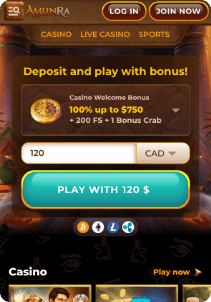 Amunra mobile screen welcome bonus