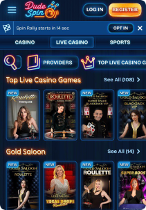 DudeSpin Casino Mob Screen live games