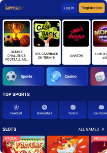 Sapphire Casino Mob Screen main page