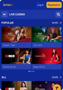 Sapphire Casino Mob Screen live games