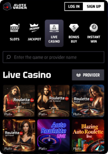 SlotsVader Casino Mob Screen live games