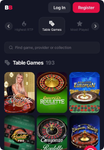 BlastBet Casino Mob Screen table games