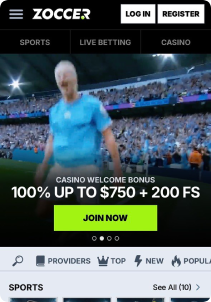 Zoccer Casino Mob Screen main page