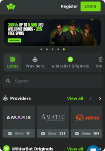 WilderBet Casino mobile screen main page