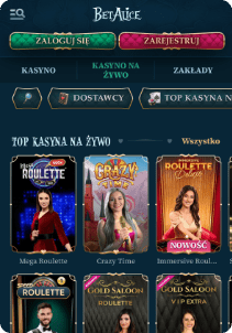 BetAlice casino mobile screen live games