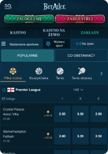 BetAlice casino mobile screen sports