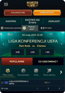 MonsterWin casino mobile screen sports