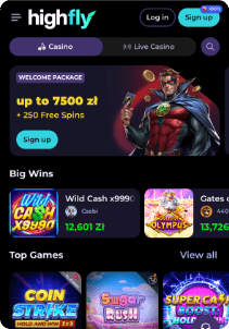 HighFly casino mobile screen main page