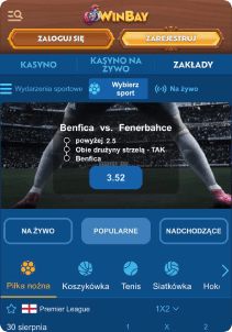 WinBay Casino mobile screen sports games