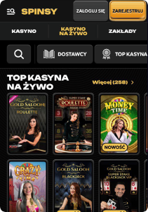Spinsy Casino mobile screen live games