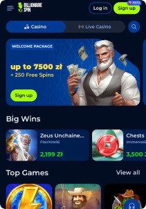 Billionairie Spin Casino mobile screen maine page