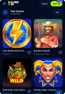 Billionairie Spin Casino mobile screen slots games