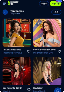 Billionairie Spin Casino mobile screen live games