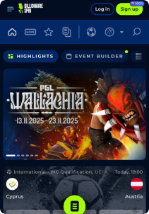 Billionairie Spin Casino mobile screen sports