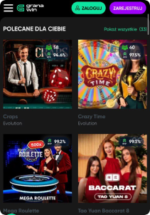 Granawin Casino mobile screen live games
