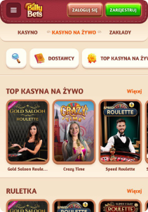 BillyBets Casino mobile screen live games