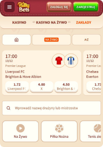 BillyBets Casino mobile screen sports
