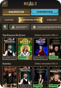 Realz Casino mobile screen live games