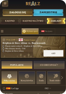 Realz Casino mobile screen sports