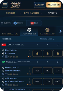 Wonderluck Casino mobile screen sports