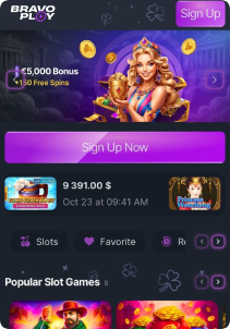 BravoPlay Casino mobile screen mane page