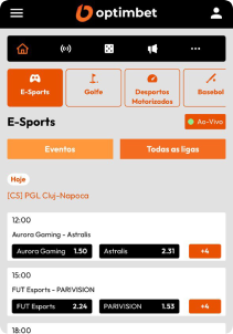 OptimBet Casino mobile screen e-sports