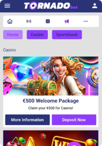 TornadoBet Casino mobile screen main page