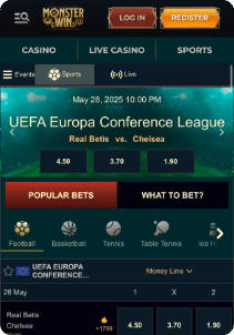 MonsterWin casino mobile screen sports
